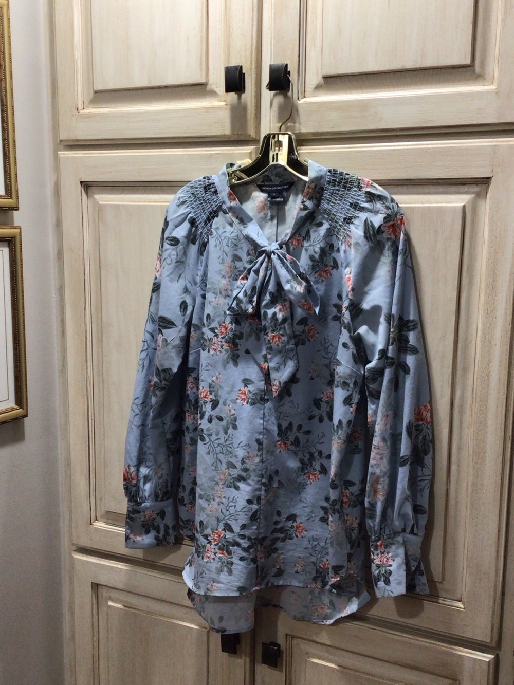 French Connection Pale Blue Floral Tie-Neck Blouse